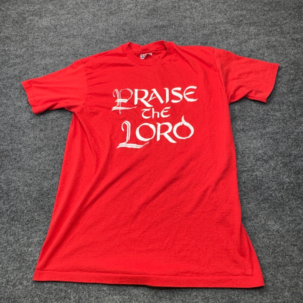 Vintage Jesus Shirt Mens Large Red Hanes Fifty Praise the Lord Tee 80s Single